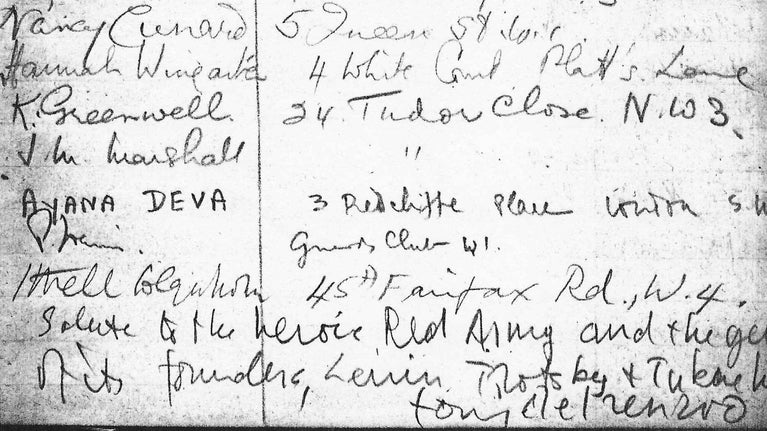 A photo of a handwritten page showing Ithell Colquhoun's signature and address in a visitor book